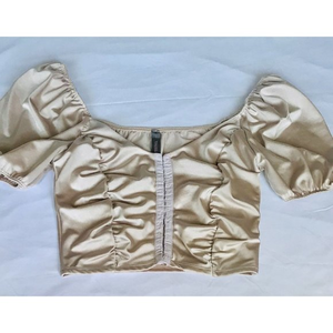 Tresser Satin Off Shoulder Crop Top‎ Size L Corset Cottage Puff Sleeves Ivory